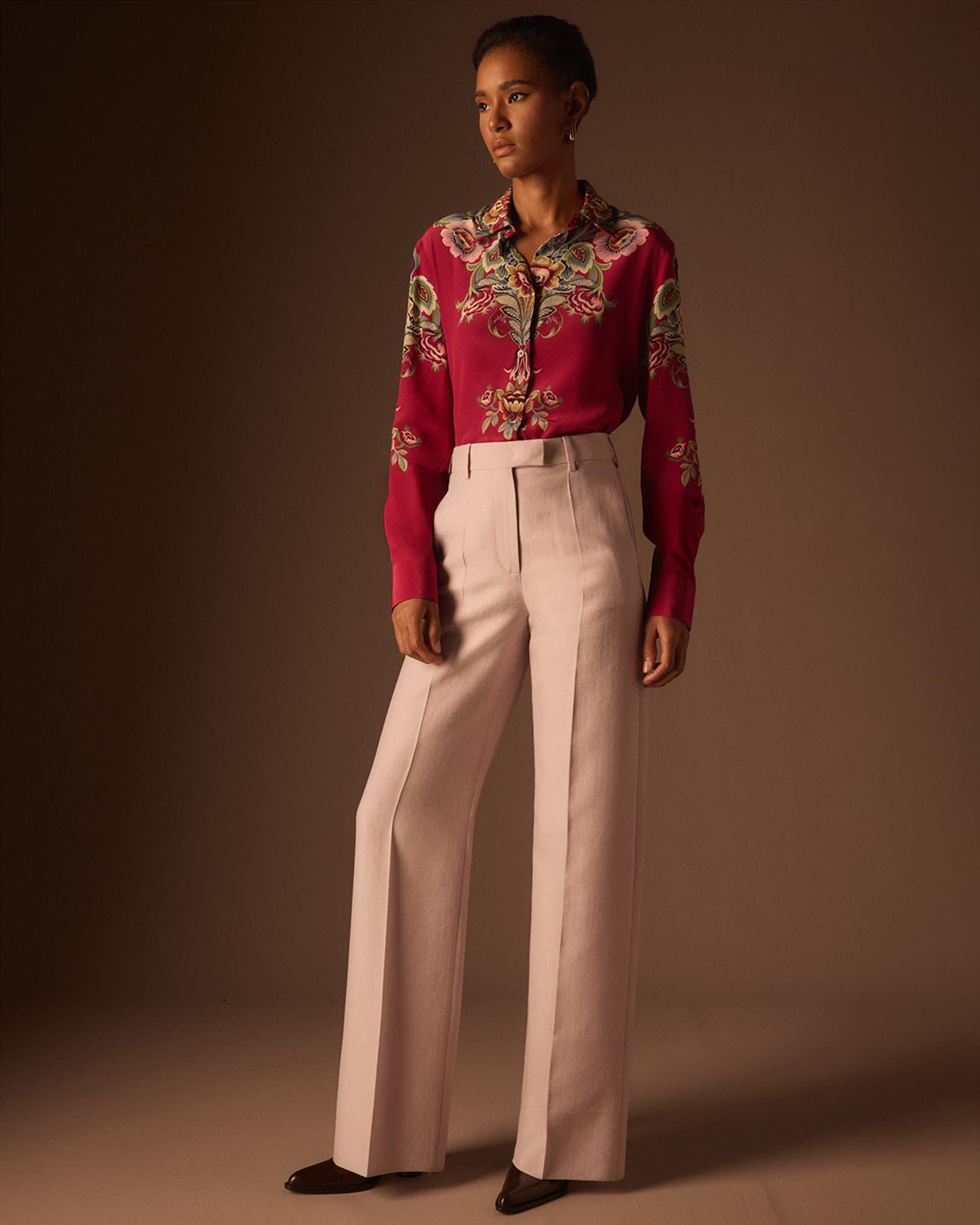 Floral Silk Long-Sleeve Tunic Blouse Product Image