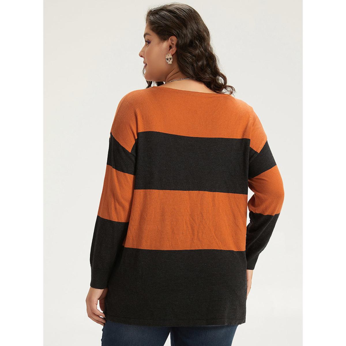 Plus Size Halloween Supersoft Essentials Colorblock Contrast Elastic Cuffs Pullover Orange Women Casual Loose Long Sleeve V-neck Everyday Pullovers BloomChic 12/L Product Image
