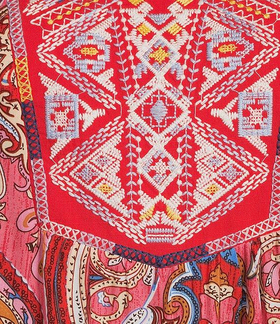 Calessa Petite Size Embroidered Patchwork Print Split V-Neck 3/4 Sleeve Tunic Product Image