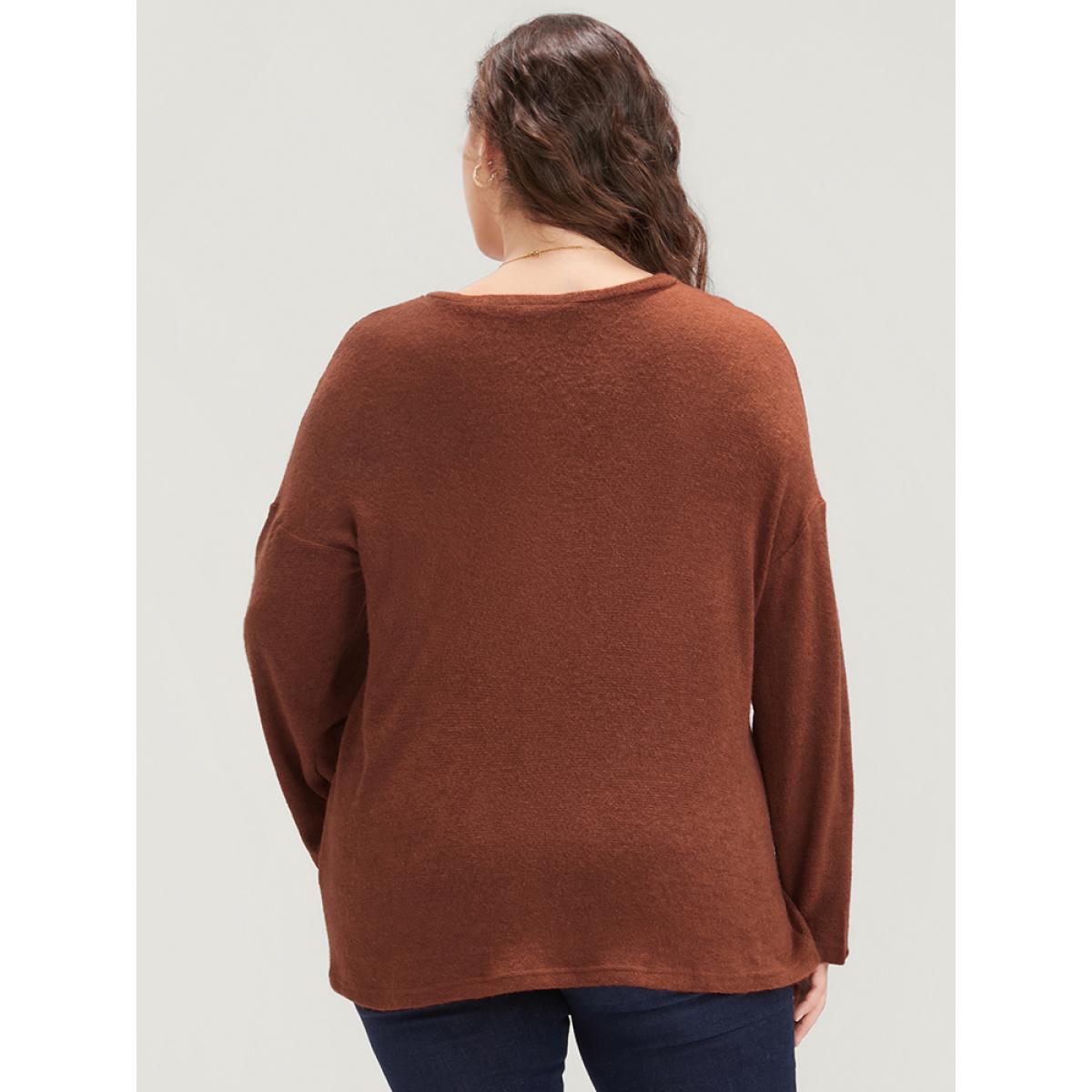 Plus Size Solid Button Up Round Neck Sweatshirt Women Rust Elegant Button Round Neck Dailywear Sweatshirts BloomChic 12/L Product Image