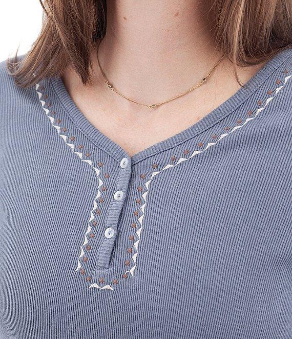 Aventura Nevis Organic Cotton Blend Henley Embroidered V-Neck Rib Knit Top Product Image