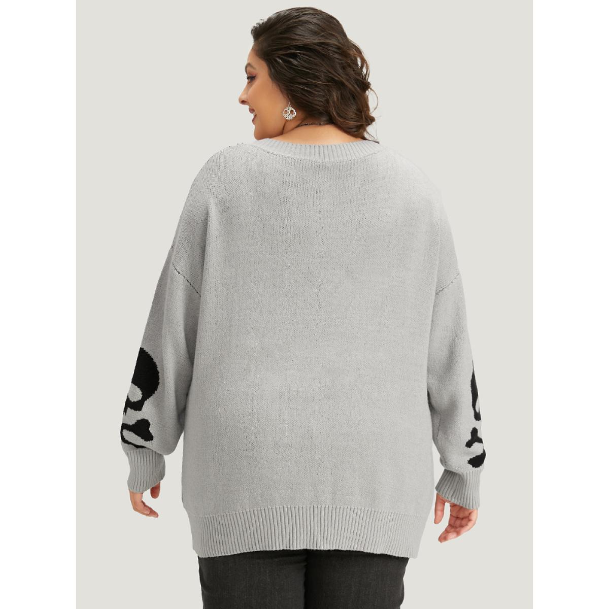 Plus Size Supersoft Essentials Halloween Skull Print V Neck Pullover LightGray Women Casual Long Sleeve V-neck Festival-Halloween Pullovers BloomChic 22-24/3X Product Image
