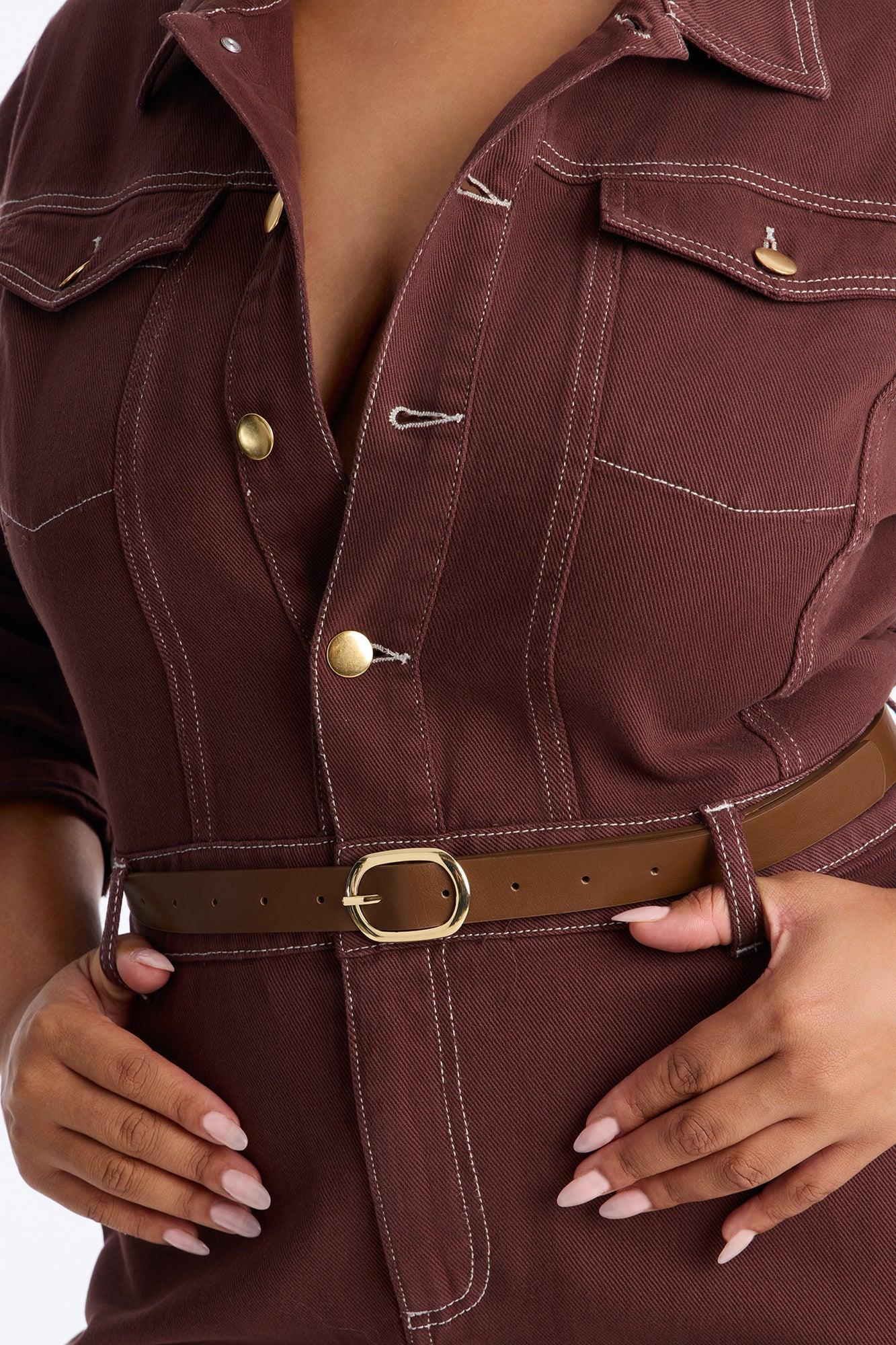 Harper Belted Denim Midi Dress - Brown Female Product Image
