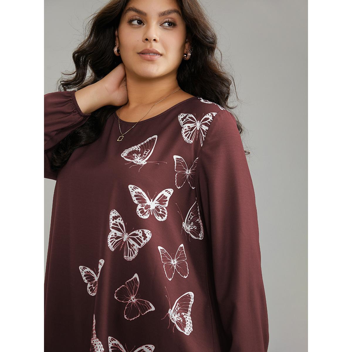 Plus Size Scarlet Butterfly Crew Neck Lantern Sleeve Hanky Hem Blouse Women Elegant Long Sleeve Round Neck Work Blouses BloomChic 28/5X Product Image