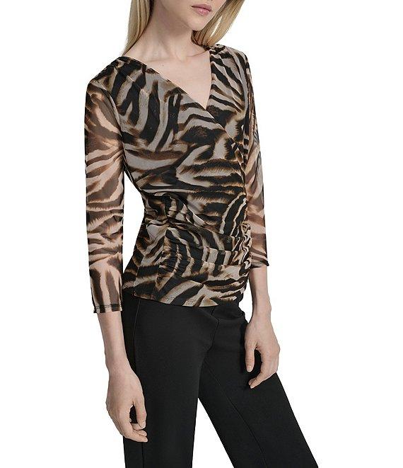 DKNY by Donna Karan Animal Printed Mesh 3/4 Sleeve Faux Wrap Top Product Image
