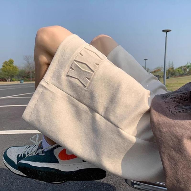 Drawstring Waist Lettering Embossed Faux Suede Wide Leg Sweat Shorts Product Image