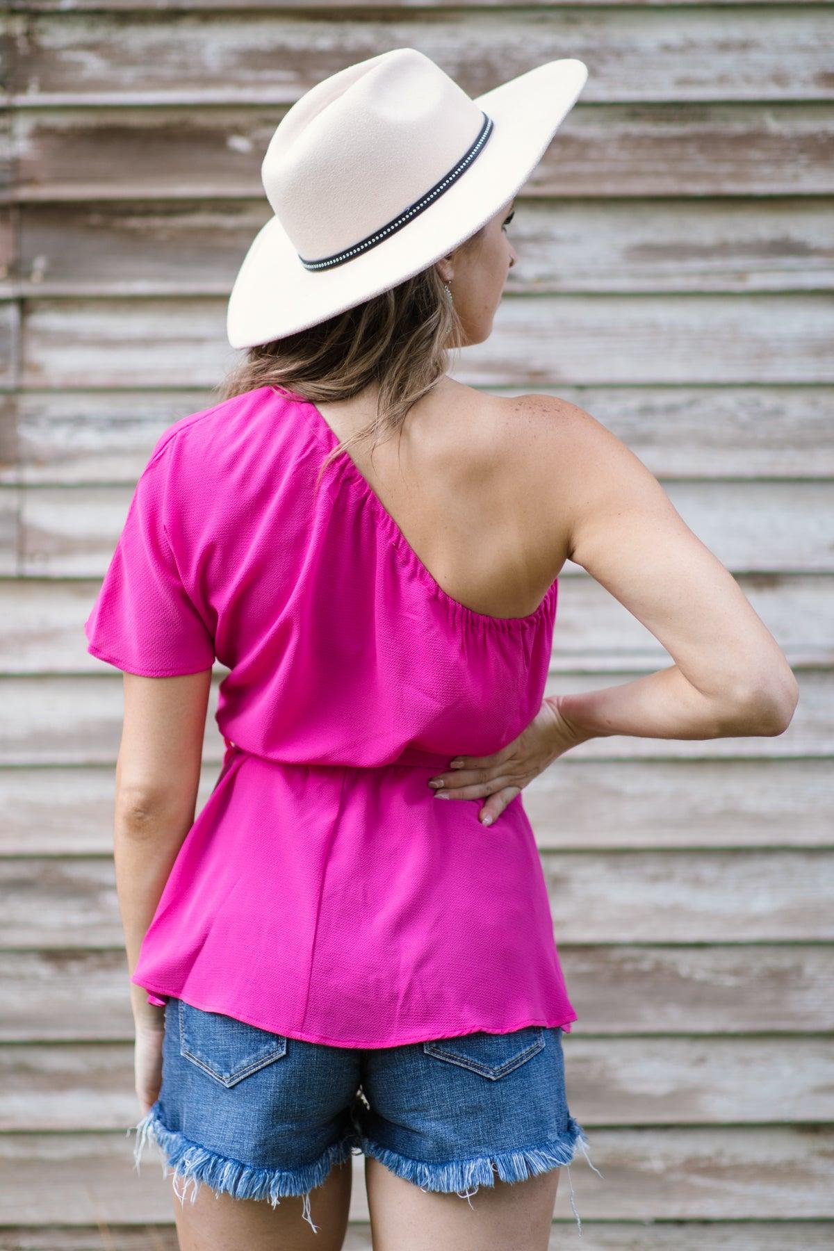 Hot Pink Elastic Waist One Shoulder Top Product Image