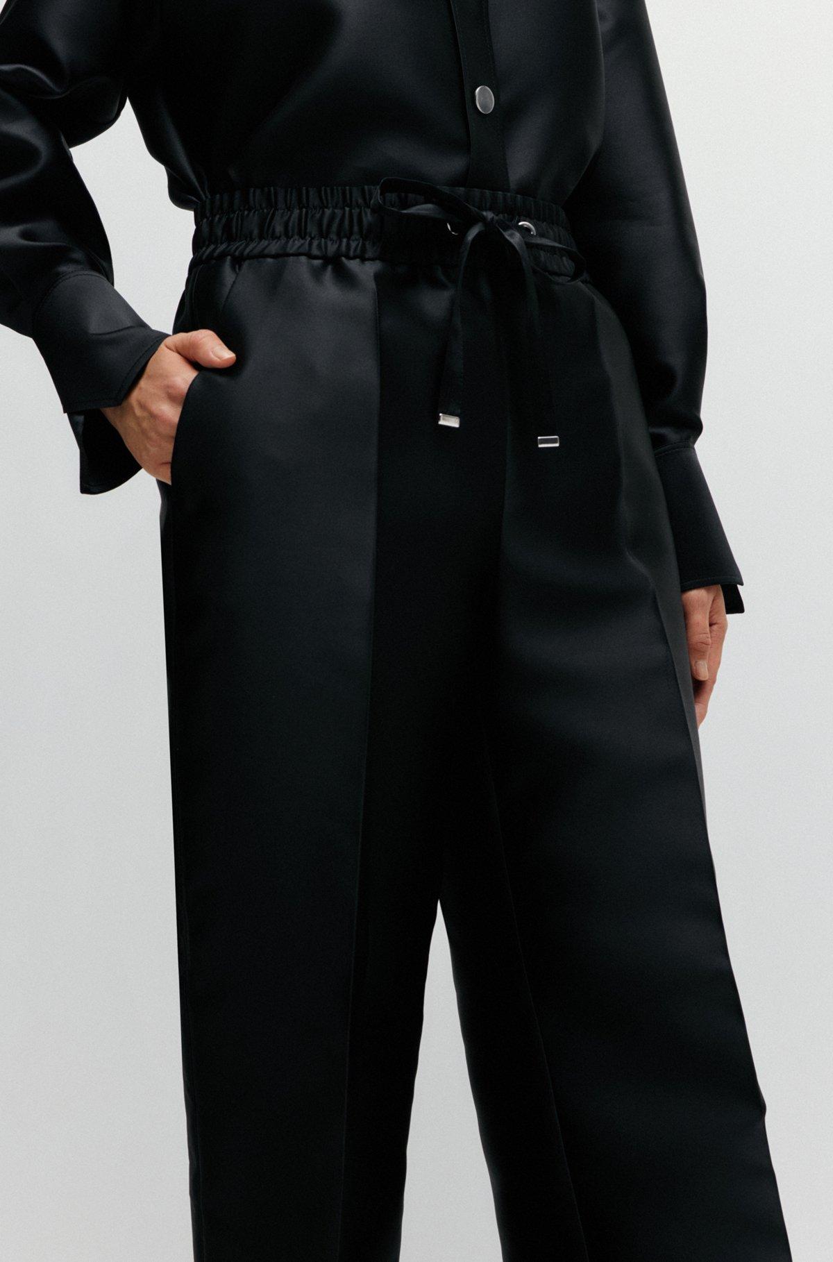 BOSS - Relaxed-fit trousers in satin with drawstring waist - Black Product Image
