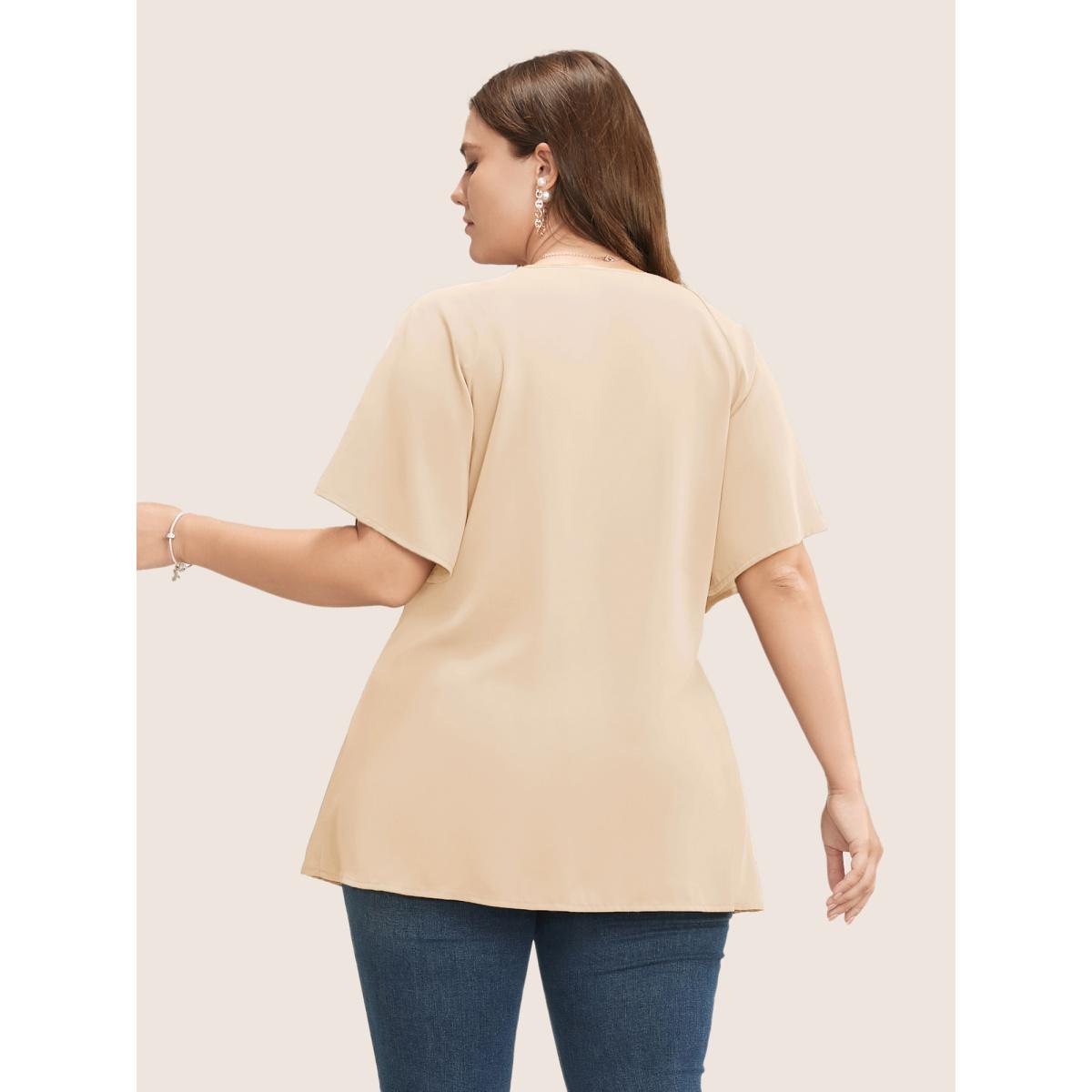 Plus Size Ivory Plain Keyhole Knotted Front Ruffle Sleeve Blouse Women Work From Home Short sleeve Round Neck Work Blouses BloomChic 18-20/2X Product Image