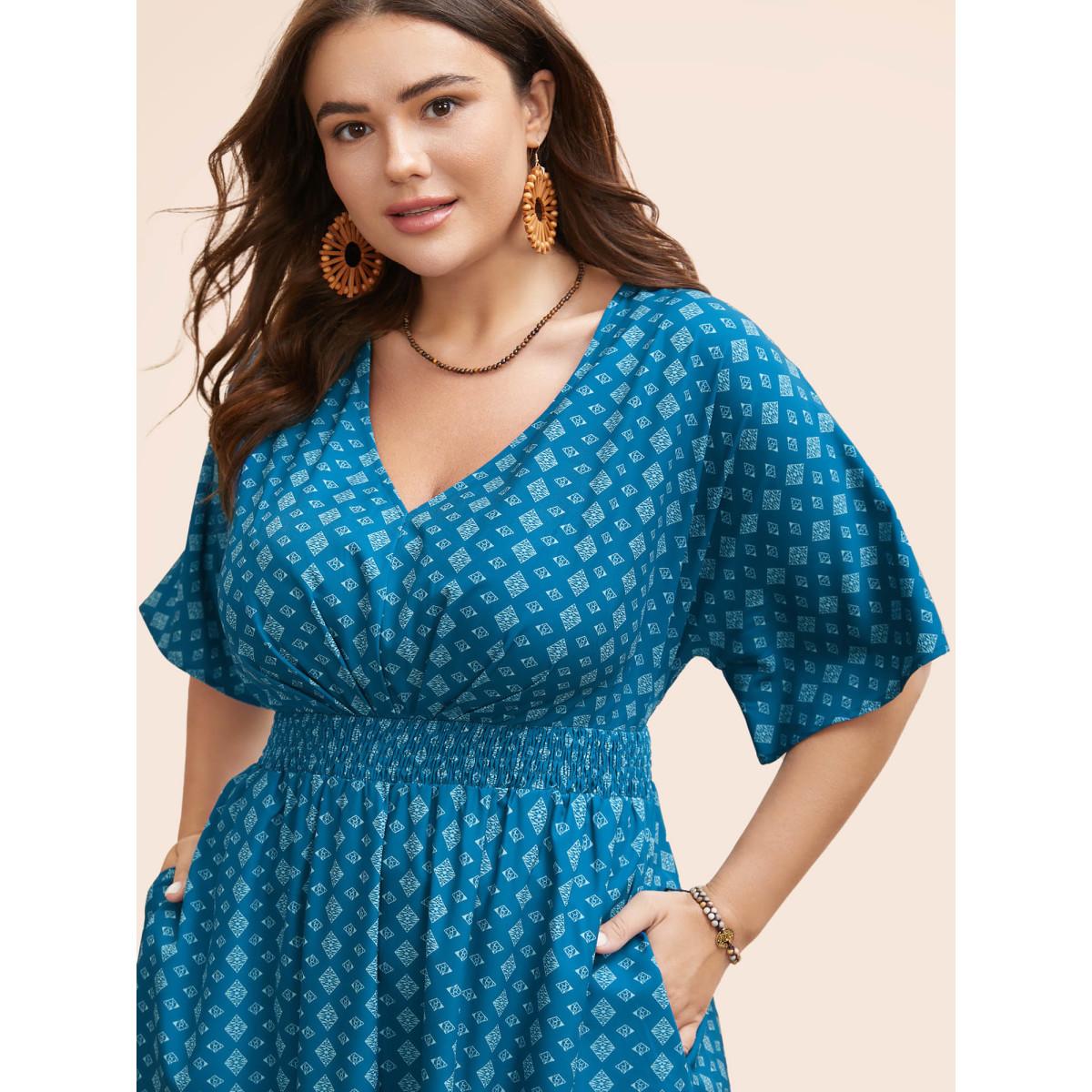 Plus Size Boho Print Shirred Pleated Dolman Sleeve Dress Aegean Women Resort Pleated V-neck Half Sleeve Curvy BloomChic 14-16/1X Product Image