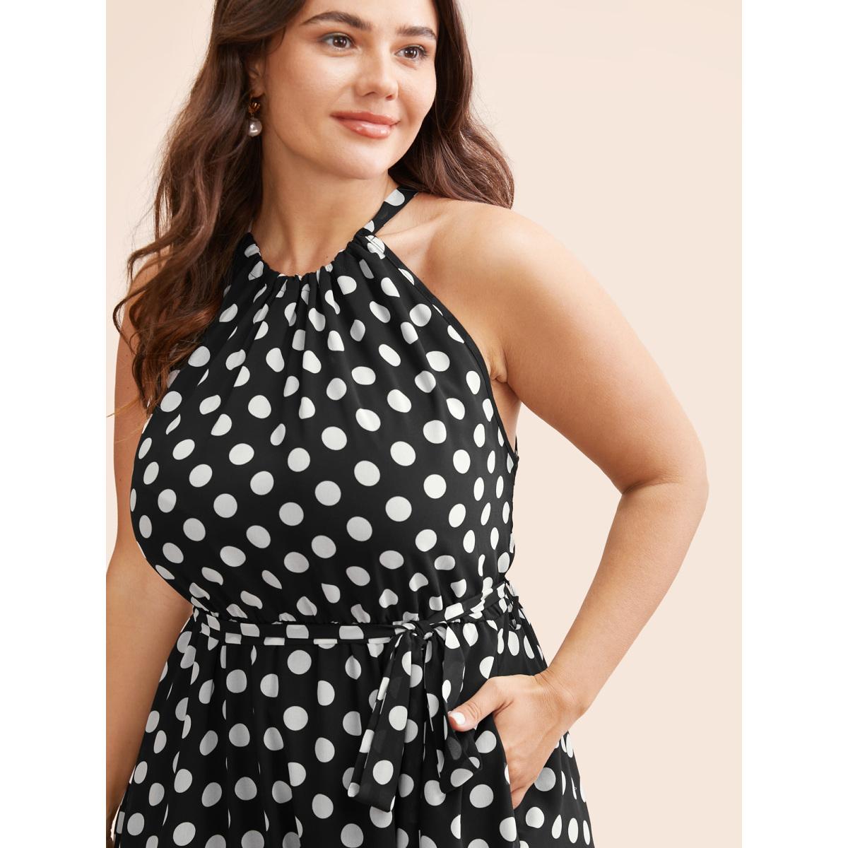 Plus Size Halter Polka Dot Ruffle Hem Belted Dress Black Women Elegant See through Halter neck Sleeveless Curvy BloomChic 10/M Product Image