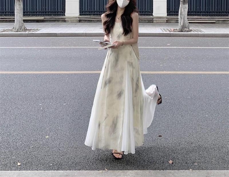 Spaghetti Strap Print Midi A-Line Dress Product Image