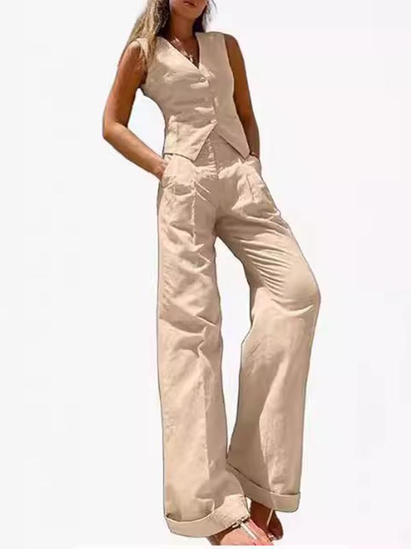 Loose Sleeveless Buttoned Solid Color V-Neck Vest Top + Split-Joint Pleated Pockets Pants Bottom Two Pieces Set Product Image