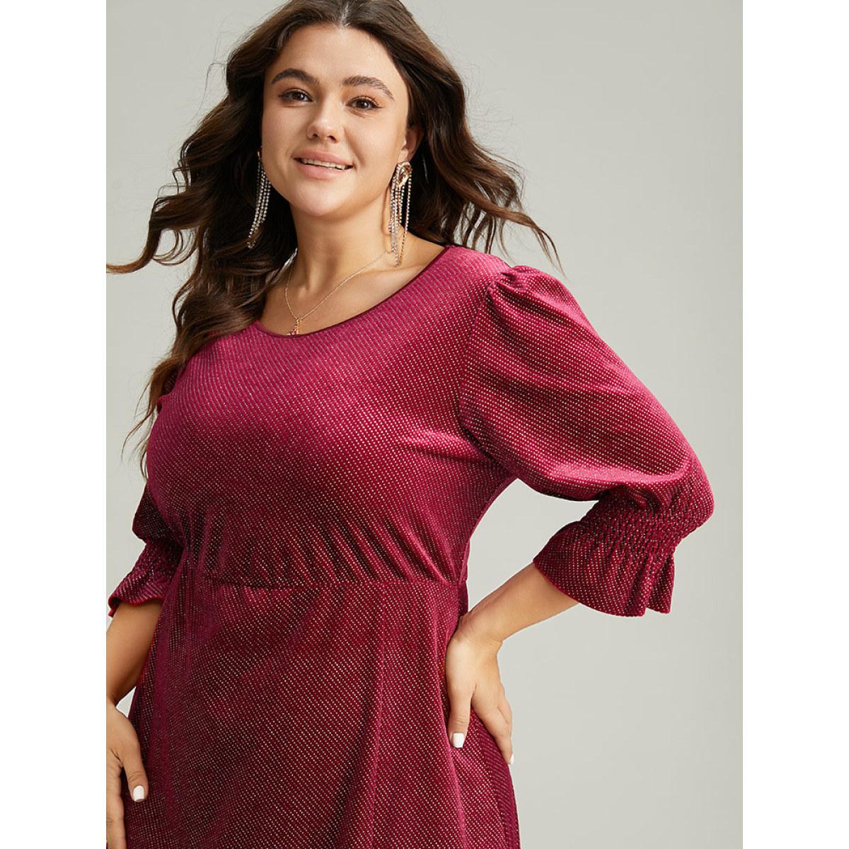 Plus Size Plain Velvet Glitter Split Hem Shirred Dress Scarlet Women Glamour Velvet Round Neck Half Sleeve Curvy Midi Dress BloomChic 22-24/3X Product Image
