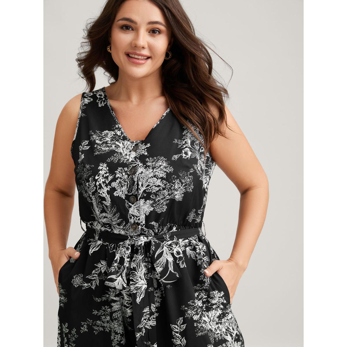 Plus Size Black Monochrome Floral Buttons Pockets Jumpsuit Women Timeless Sleeveless V-neck Elegant Loose Jumpsuits BloomChic 14-16/1X Product Image