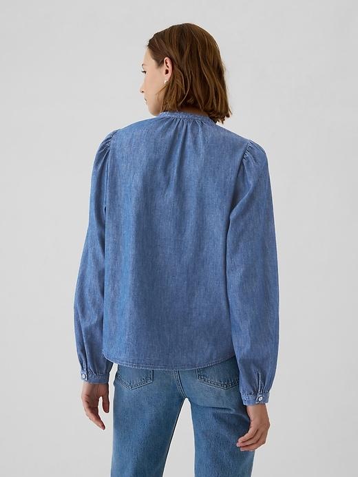 Puff-Sleeve Lace-Trim Denim Shirt Product Image