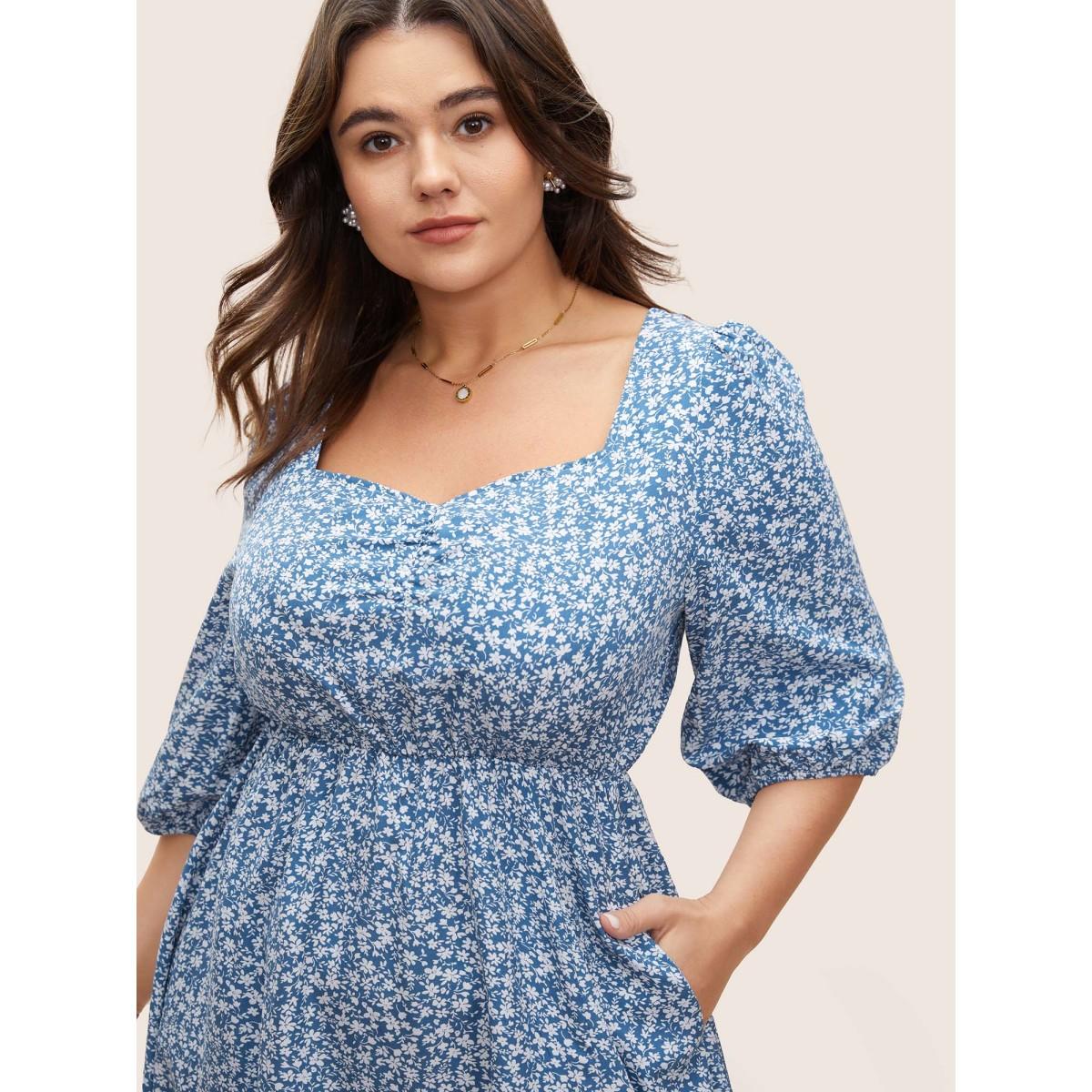 Plus Size Ditsy Floral Print Square Neck Split Hem Dress Cerulean Women Timeless Non Square Neck Elbow-length sleeve Curvy Midi Dress BloomChic 18-20/2X Product Image