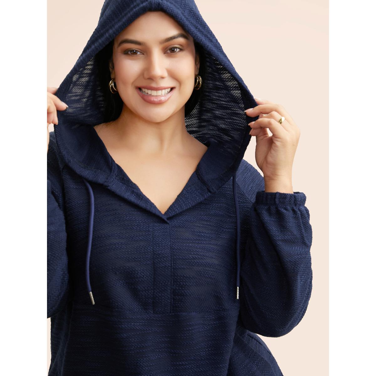 Plus Size Texture Drawstring Pocket Hooded Sweatshirt Women DarkBlue Casual Texture Loose Hooded Everyday Sweatshirts BloomChic 14-16/1X Product Image