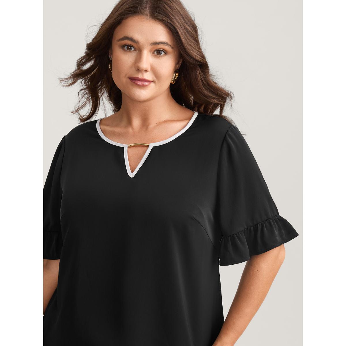Plus Size Black Metallic Detail Neck Cut-Out Blouse Women Short sleeve Boat Neck Work Blouses BloomChic 12/L Product Image