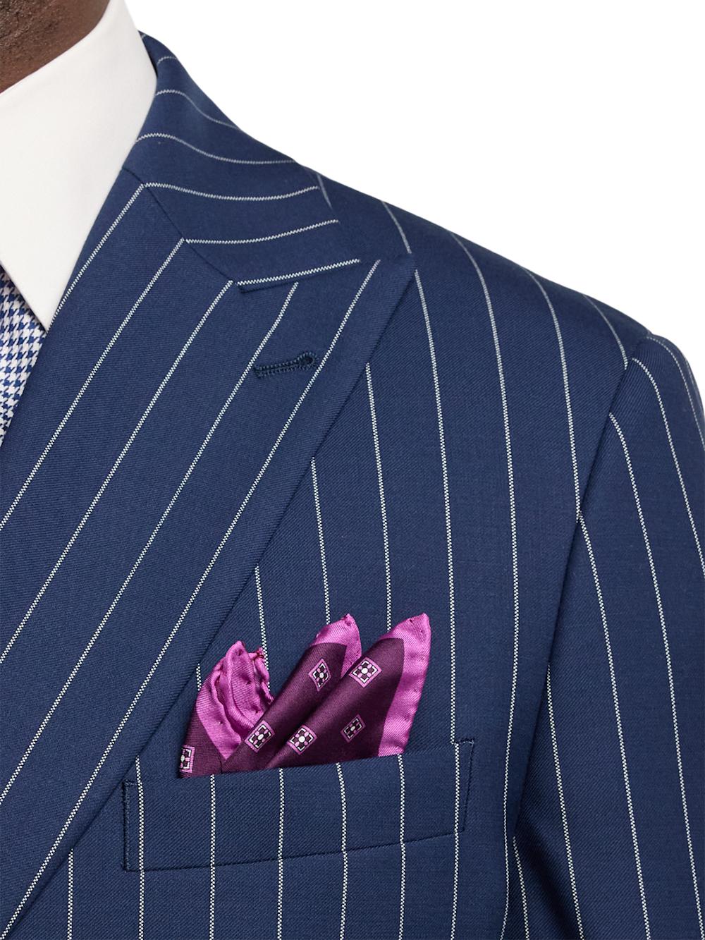 Wool Stretch Stripe Double Breasted Peak Lapel Suit Jacket - Blue Product Image