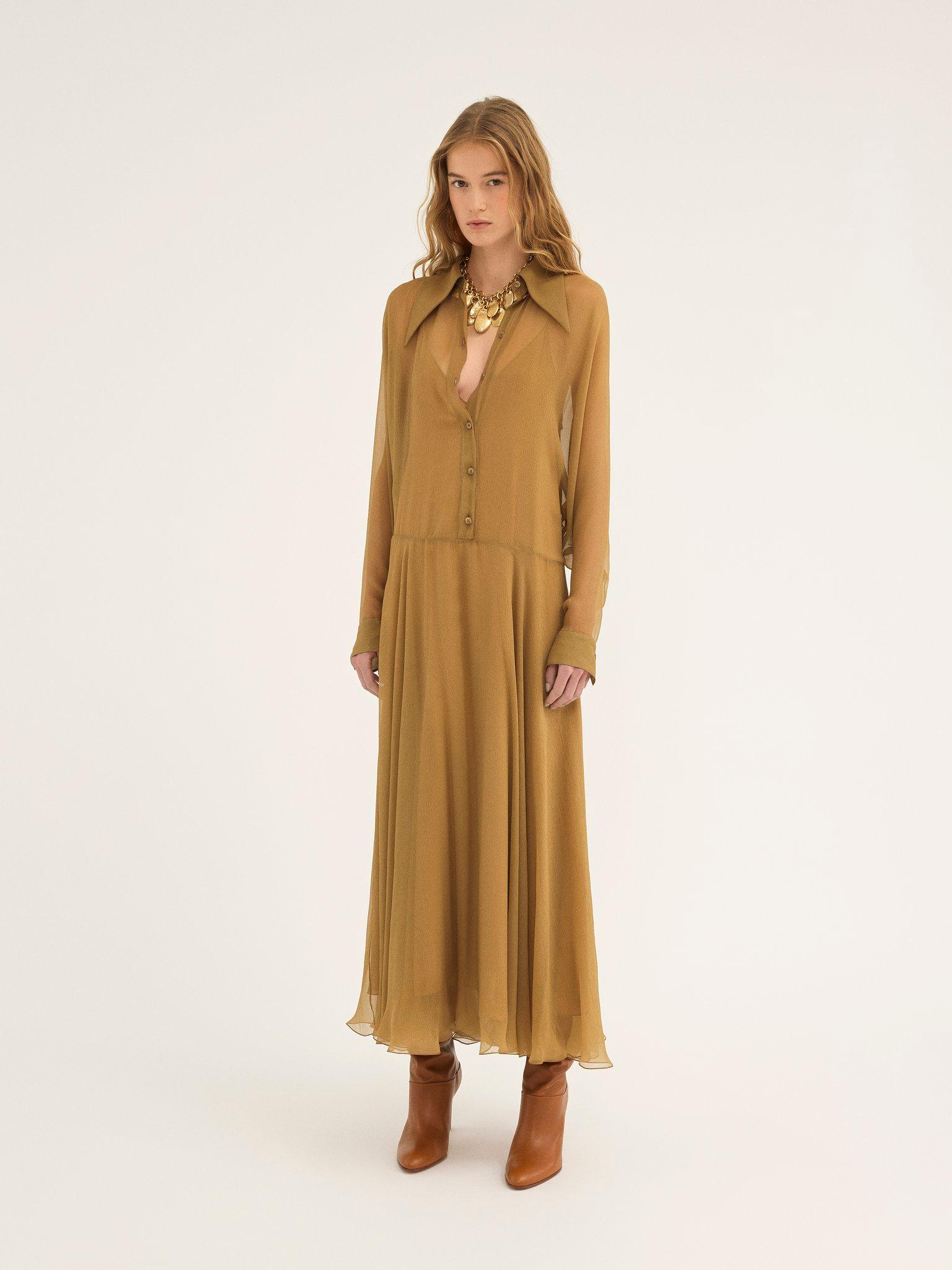 Fluid long shirt dress in silk mousseline Product Image