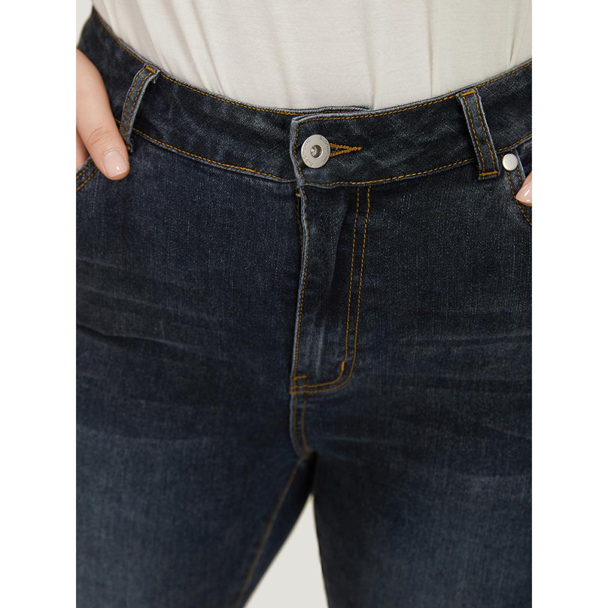 Plus Size Very Stretchy Split Hem Medium Wash Jeans Women Indigo Casual Plain Slit High stretch Pocket Jeans BloomChic 12/L Product Image