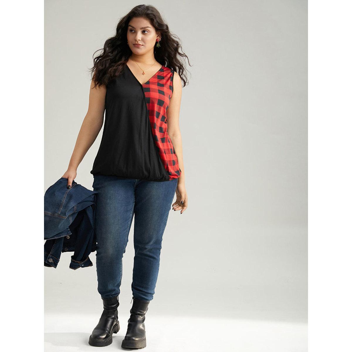 Plus Size V Neck Plaid Patchwork Contrast Tank Top Women Black Casual Contrast V-neck Festival-Christmas Tank Tops Camis BloomChic 18-20/2X Product Image