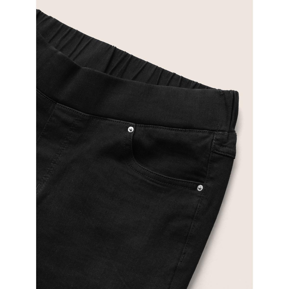 Plus Size Black Wash Button Detail Elastic Wais Slim Jeans Women Black Elegant Plain Non High stretch Pocket Jeans BloomChic 10/M Product Image