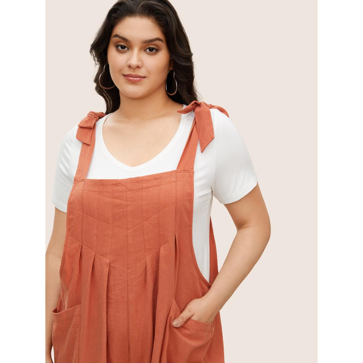 Plus Size Rust Solid Pleated Detail Pocket Knotted Shoulder Overall Jumpsuit Women Casual Sleeveless Non Everyday Loose Jumpsuits BloomChic 14-16/1X Product Image