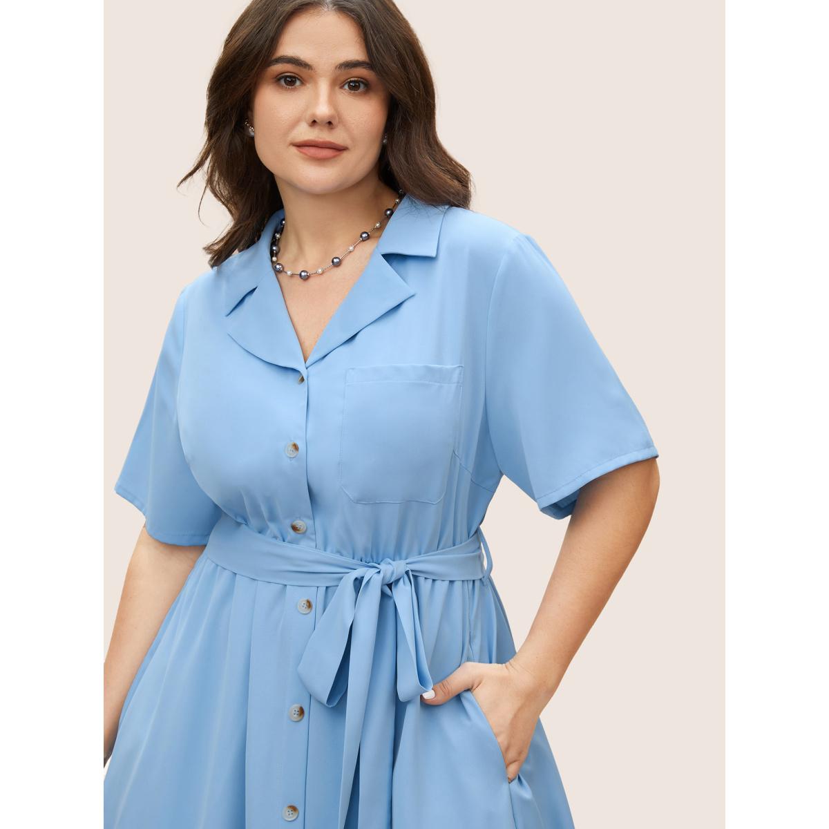 Plus Size Suit Collar Plain Button Up Dress LightBlue Women At the Office Belted Suit Collar Short sleeve Curvy BloomChic 26/4X Product Image