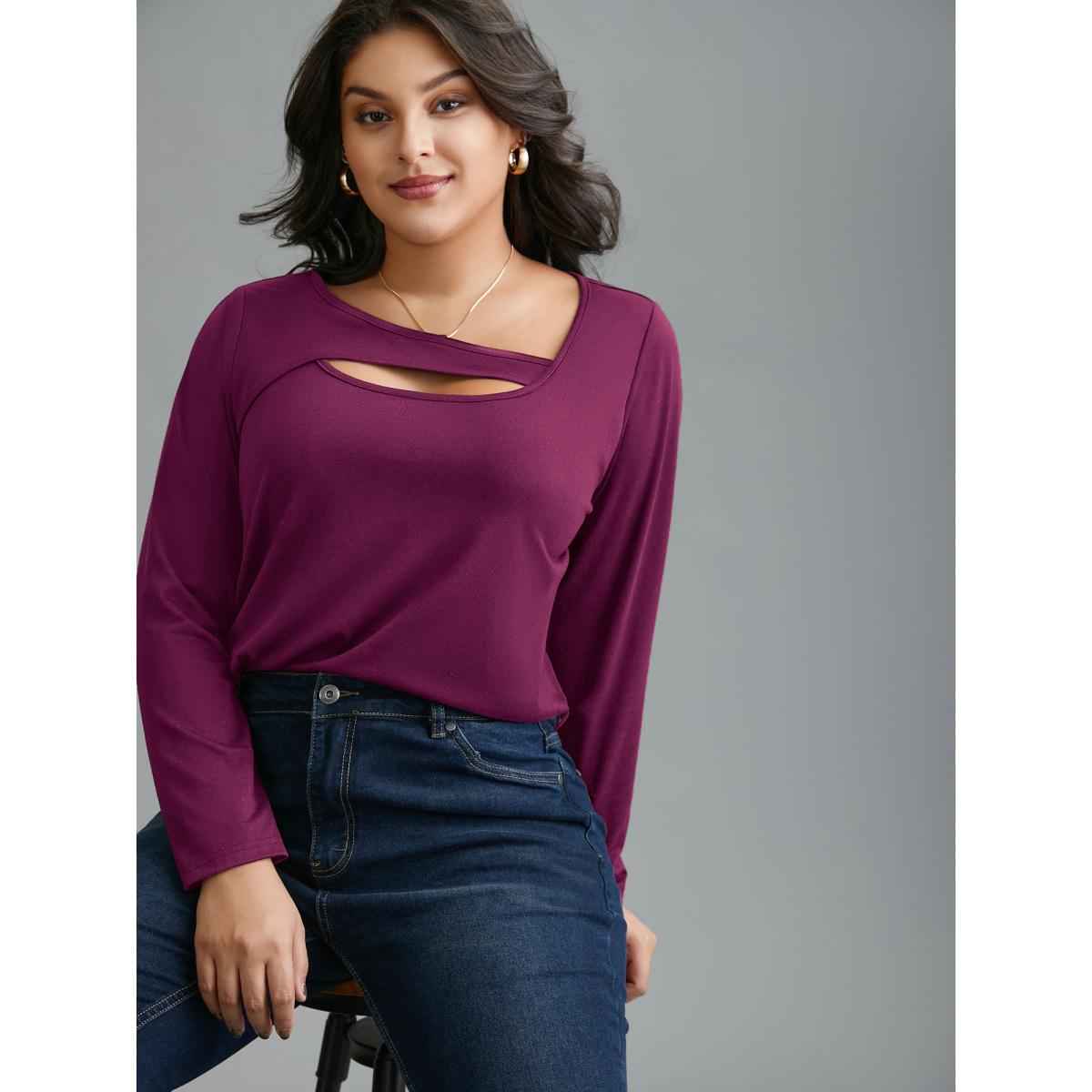 Plus Size Asymmetrical Neckline Long Sleeve T-shirt Deeppurplered Women Casual Cut-Out Asymmetrical Neck Everyday T-shirts BloomChic 22-24/3X Product Image