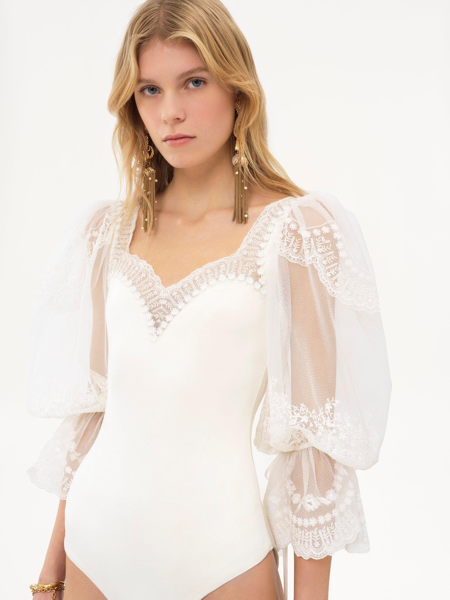 Puff-sleeve bodysuit in shiny stretch jersey & lace Product Image