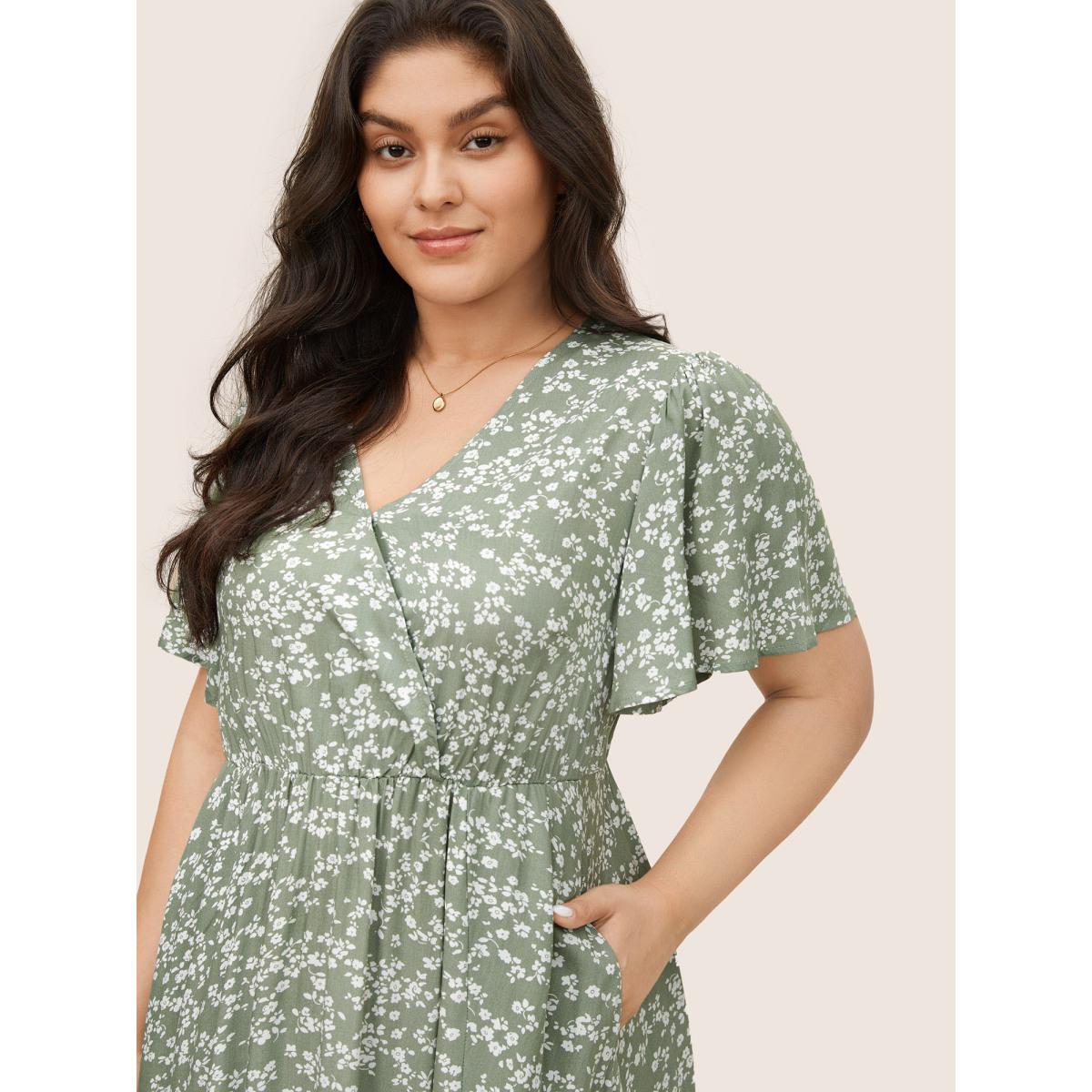 Plus Size Bloom Dress - Flutter Sleeve Ditsy Floral Pocket Split Maxi Dress LightGreen Women Romantic Slit V-neck Half Sleeve Curvy Long Dress BloomChic 10/M Product Image