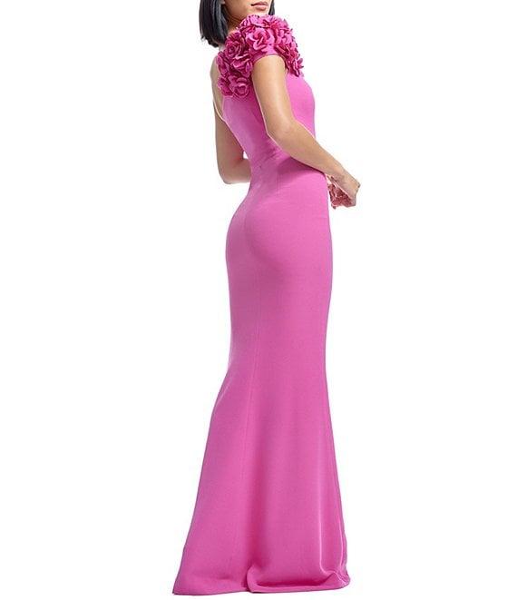 Dress the Population Aubrielle 3D Floral Asymmetrical Neck One Shoulder Short Sleeve Side Slit Gown Product Image