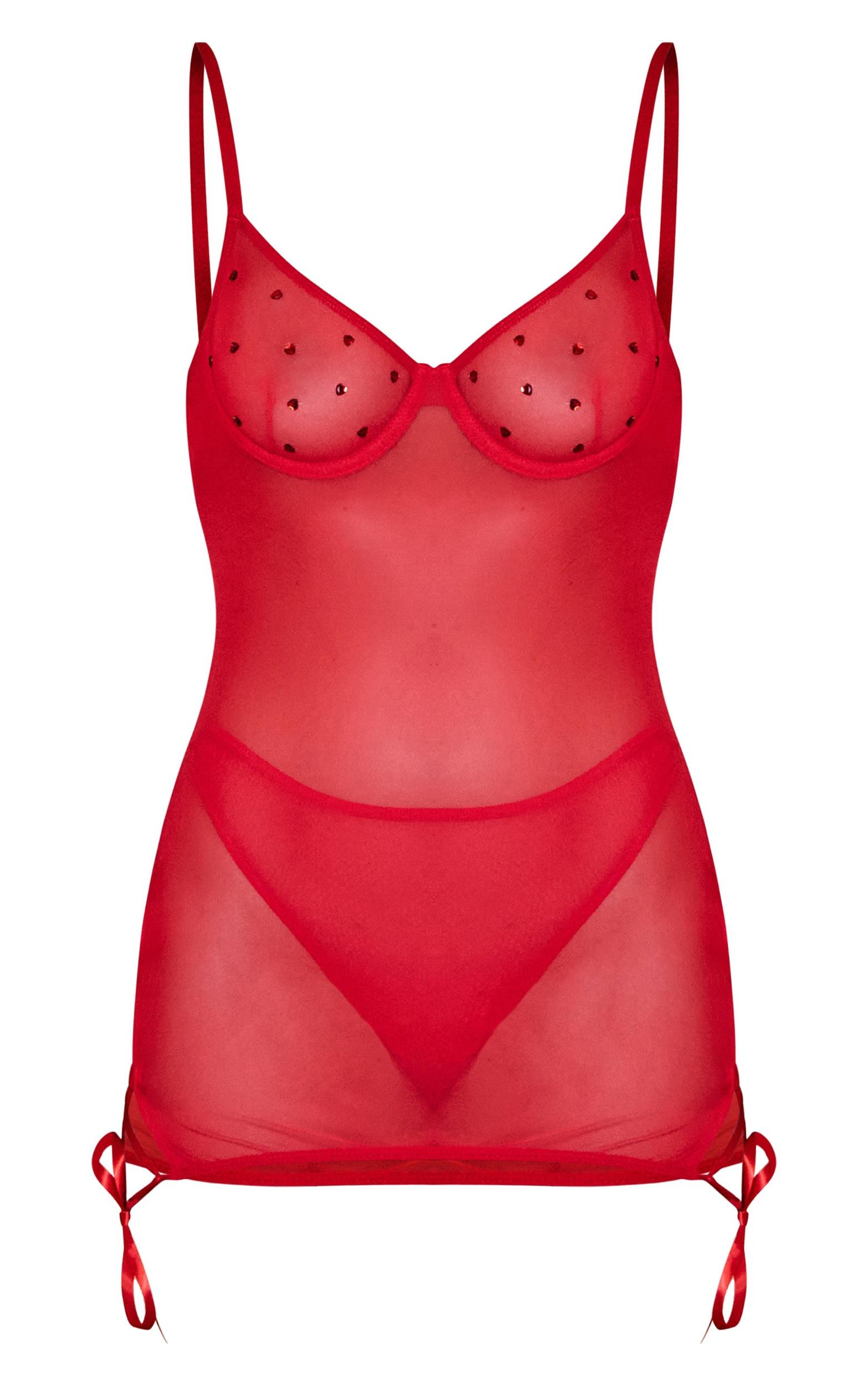 Red Mesh Diamante Heart Underwired Lace Up Slip Dress Product Image