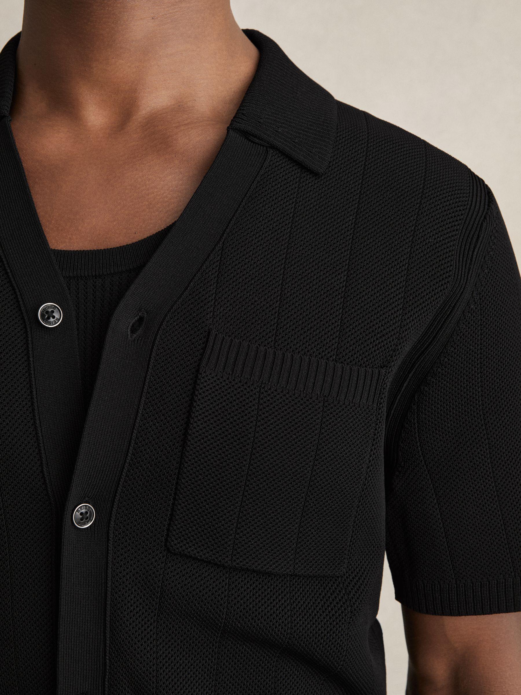 V-Neck Collar Textured-Knit Shirt in Black Product Image