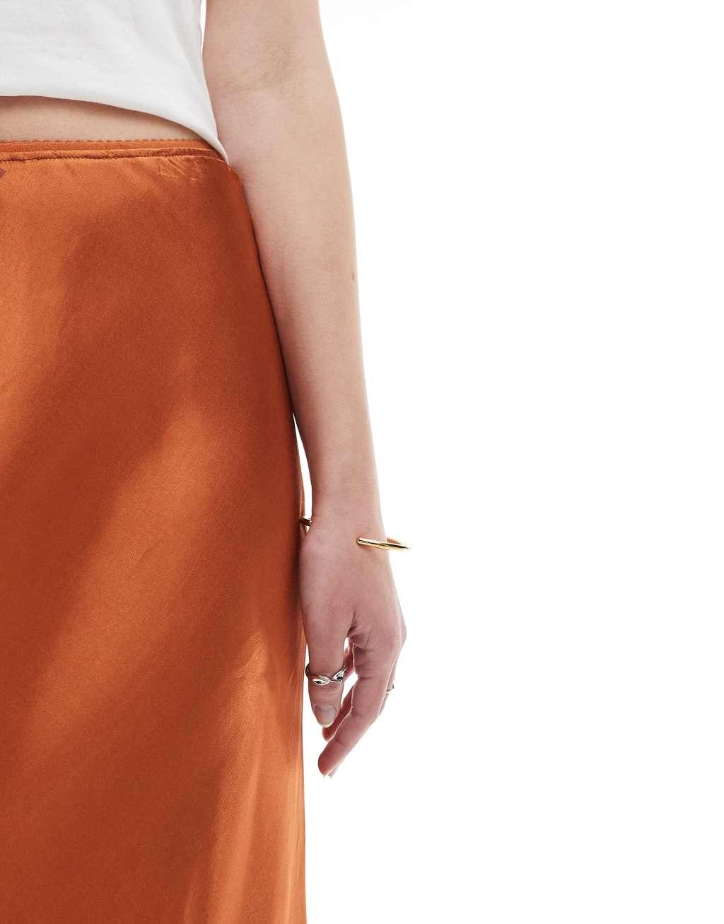 Miss Selfridge satin bias bow maxi skirt in ginger Product Image