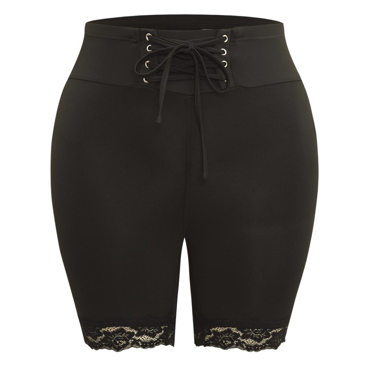 Plus Size Solid Lace Up Guipure Lace Leggings Women Black Casual High stretch Skinny Mid Rise Dailywear Leggings BloomChic 30/6X Product Image