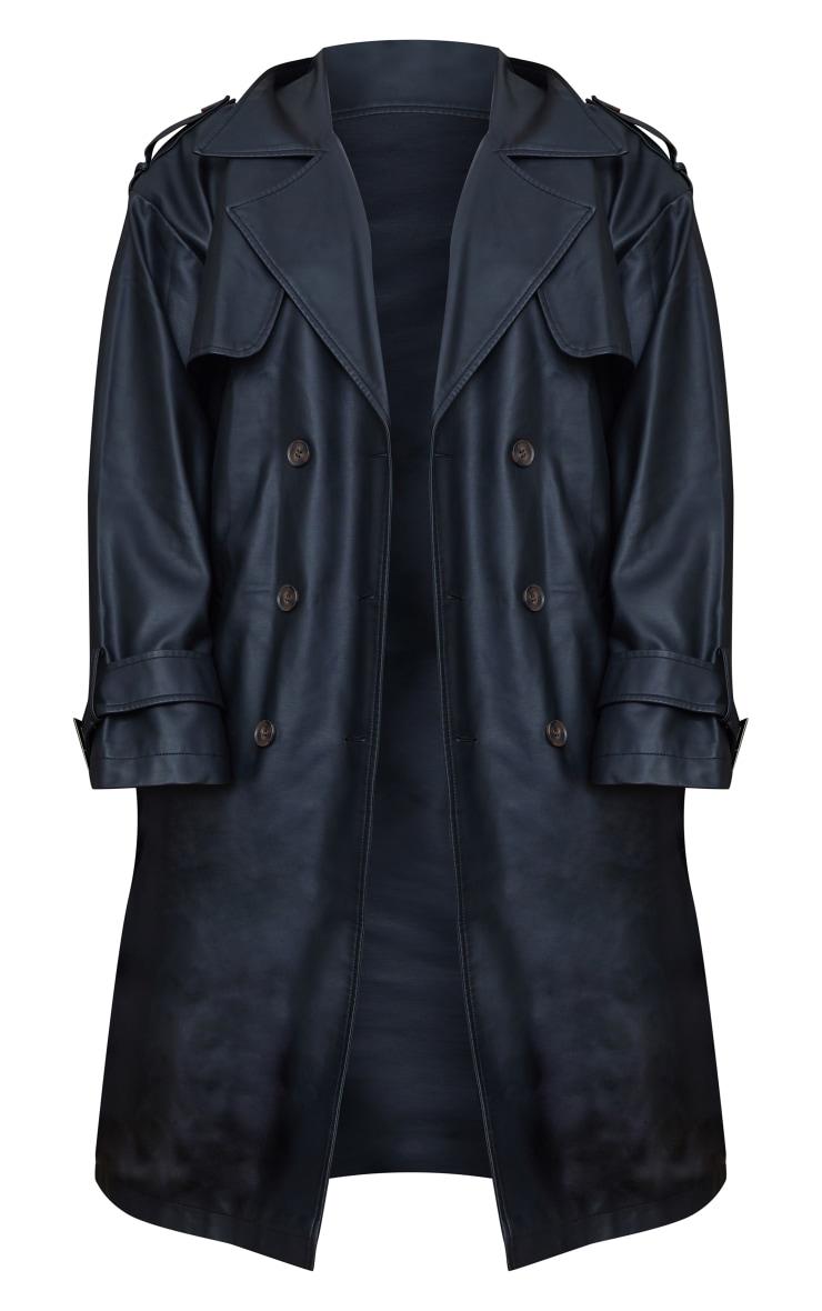 Plus Black Faux Leather Statement Buckle Trench Coat Product Image