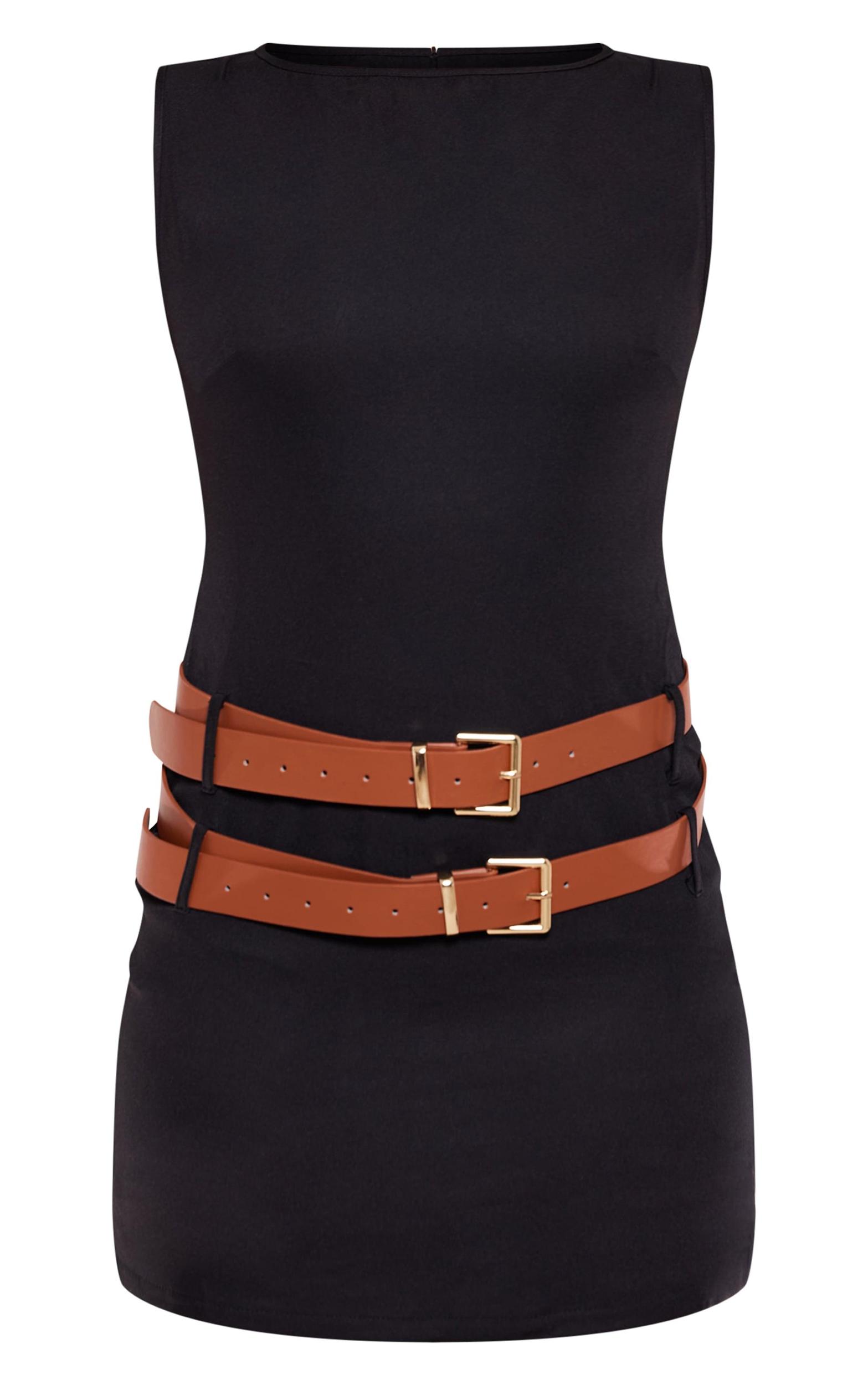Black Racer Neck Double Belt Skort Romper Product Image