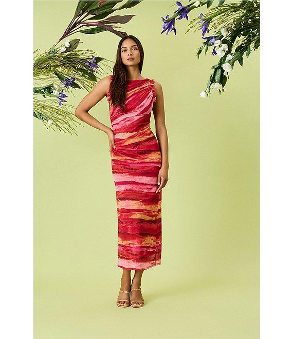 Donna Morgan Power Mesh Multi Print Boat Neck Sleeveless Sheath Midi Dress Product Image