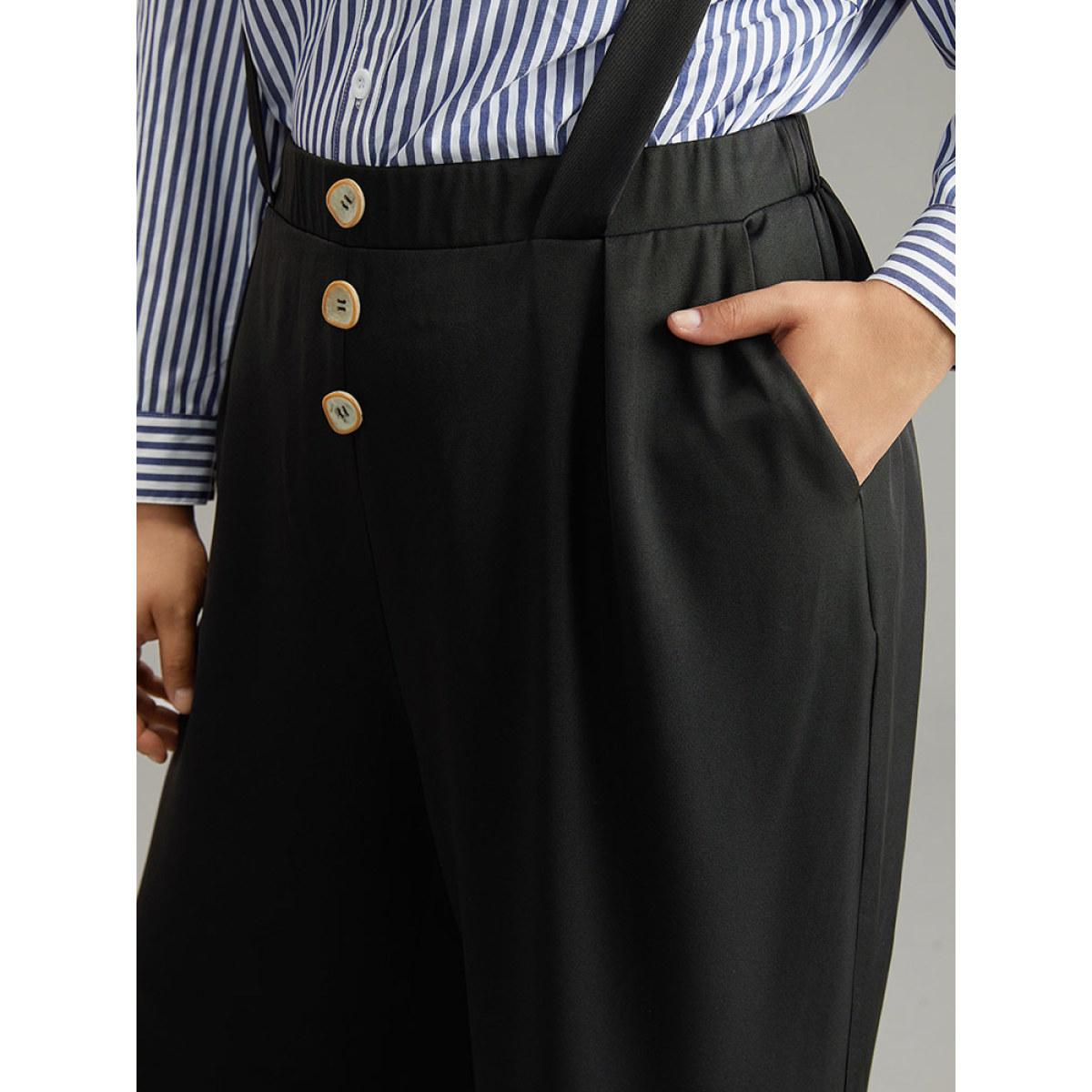 Plus Size Plain Button Detail Pocket Overall Pants Women Black Office Straight Leg High Rise Work Pants BloomChic 10/M Product Image