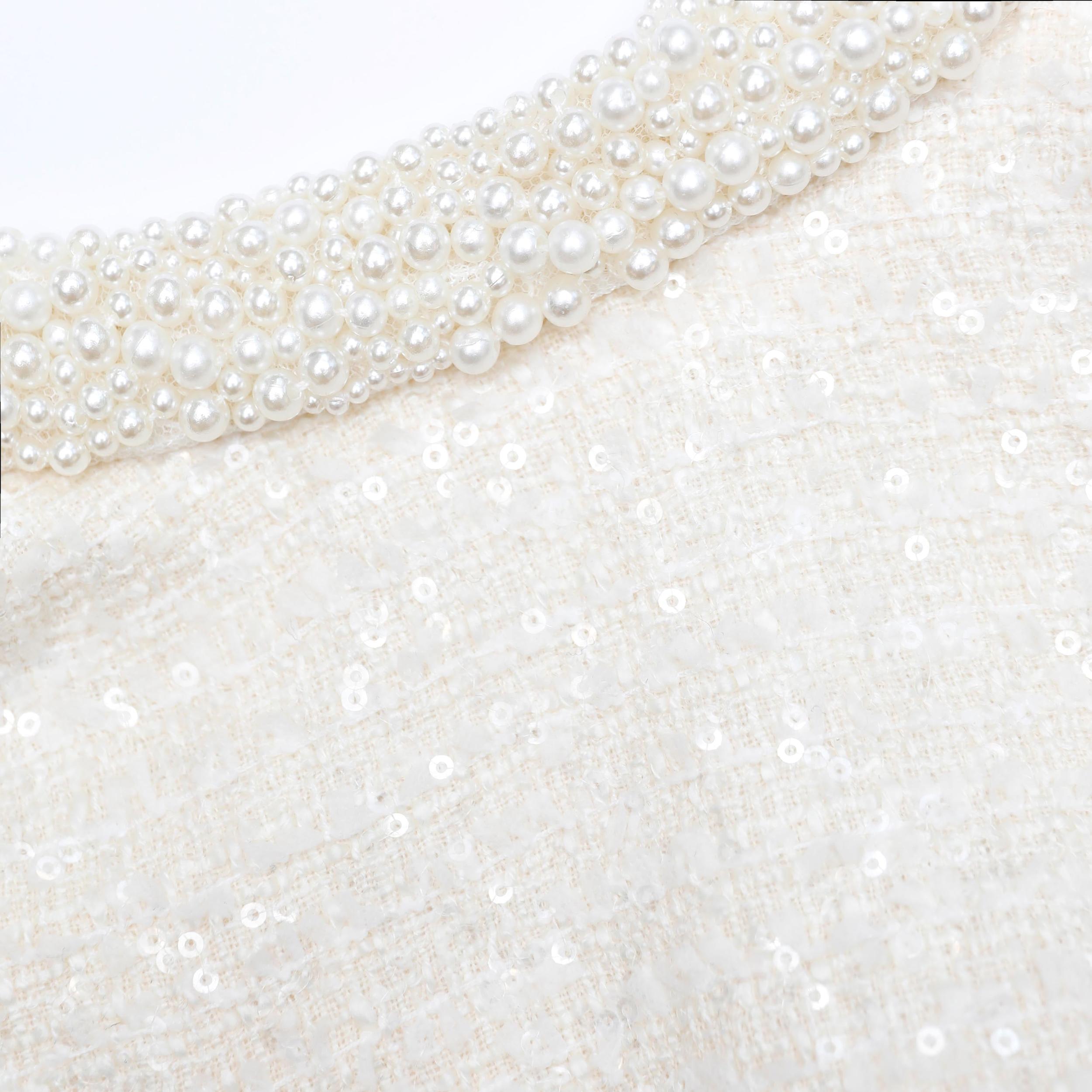 Cream Boucle Pearl Trim Mini Dress Product Image