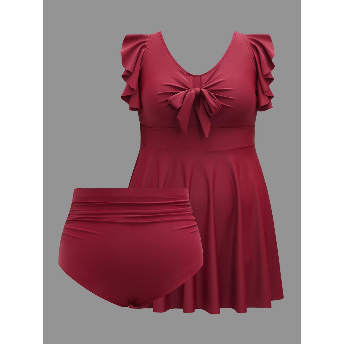 Plus Size Front-Tie Bow Flutter Sleeve Gathered Swim Dress Women's Swimwear Burgundy Beach Bodycon U-neck High stretch Curve Swim Dresses BloomChic 12/L Product Image