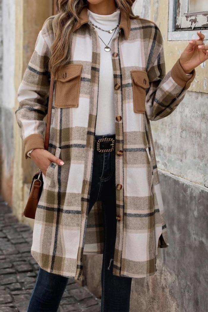Stylish Button-Checked Color-Blocked Maxi Jacket Product Image