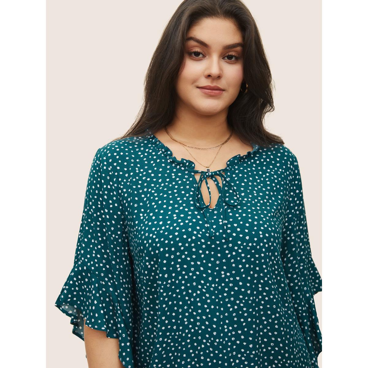 Plus Size Emerald Tie Neck Polka Dot Patchwork Ruffle Sleeve Blouse Women Elegant Half Sleeve V-neck Everyday Blouses BloomChic 12/L Product Image