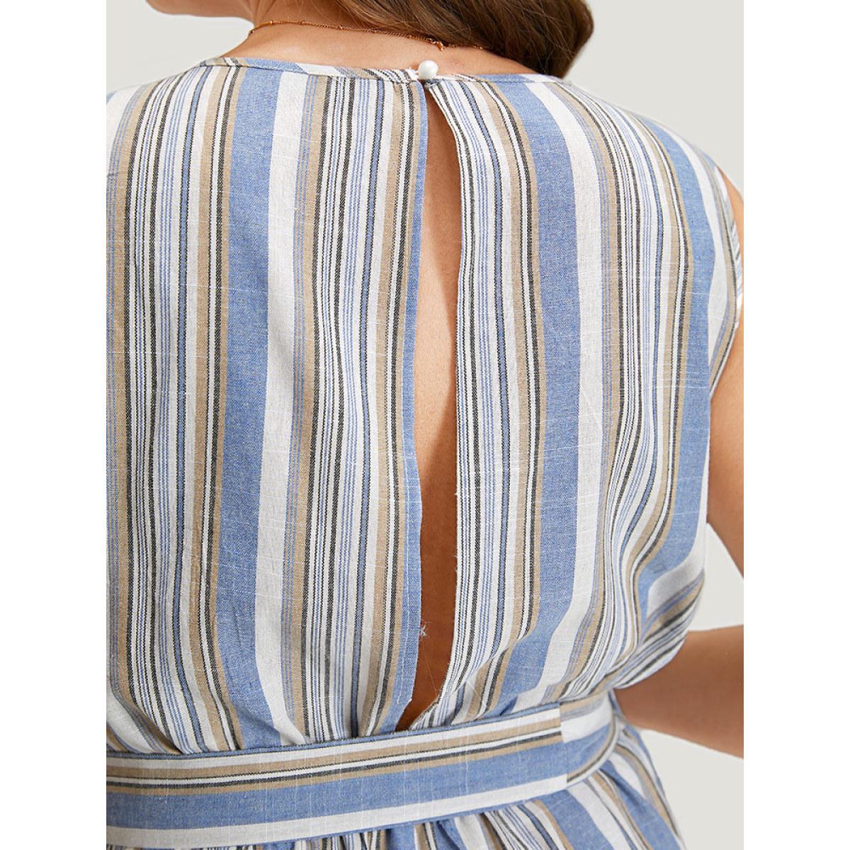 Plus Size Blue Striped Pocket Cut Out Knot Sleeveless Jumpsuit Women Elegant Sleeveless Round Neck Dailywear Loose Jumpsuits BloomChic 14-16/1X Product Image