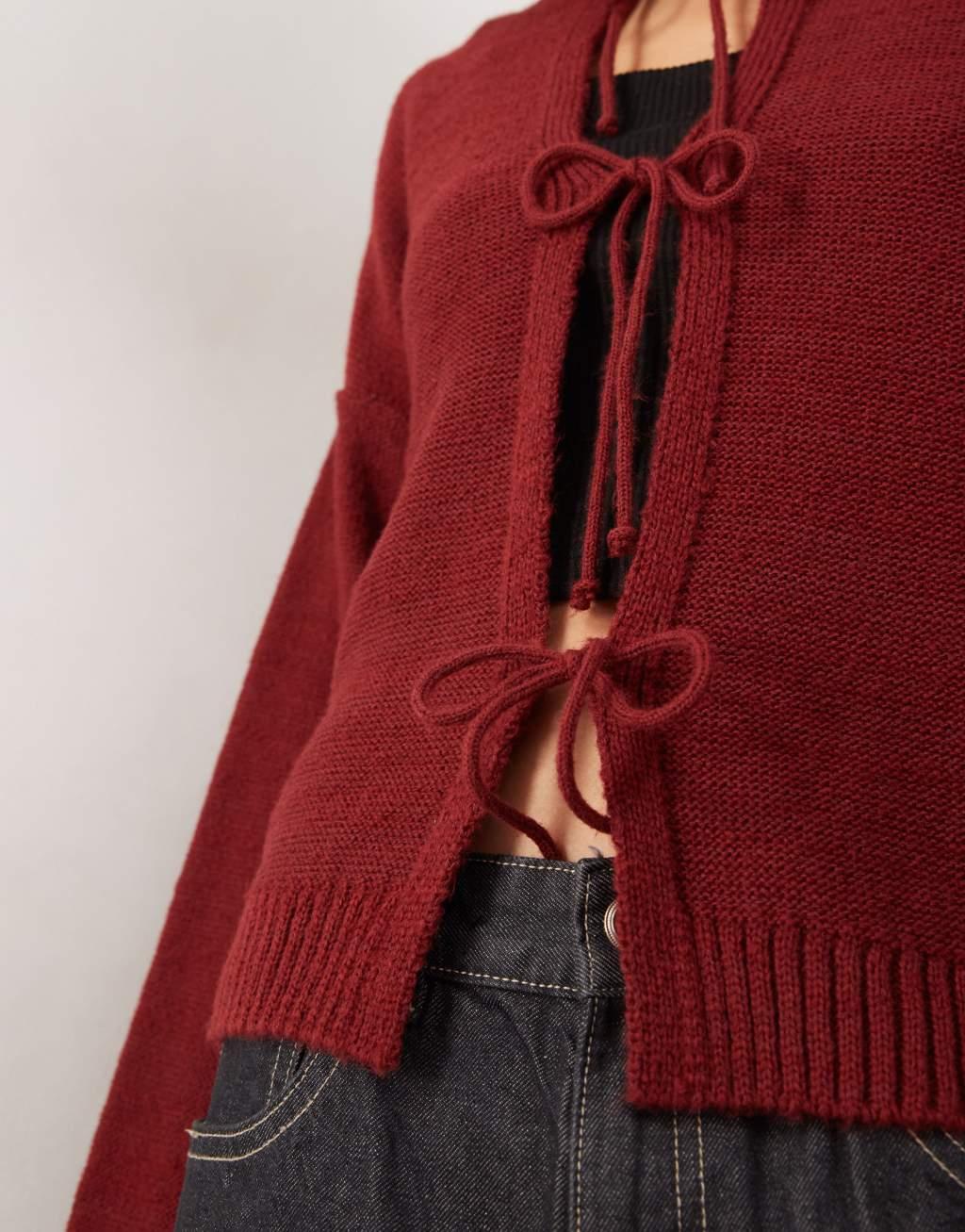 Reclaimed Vintage tie front cardigan in burgundy Product Image
