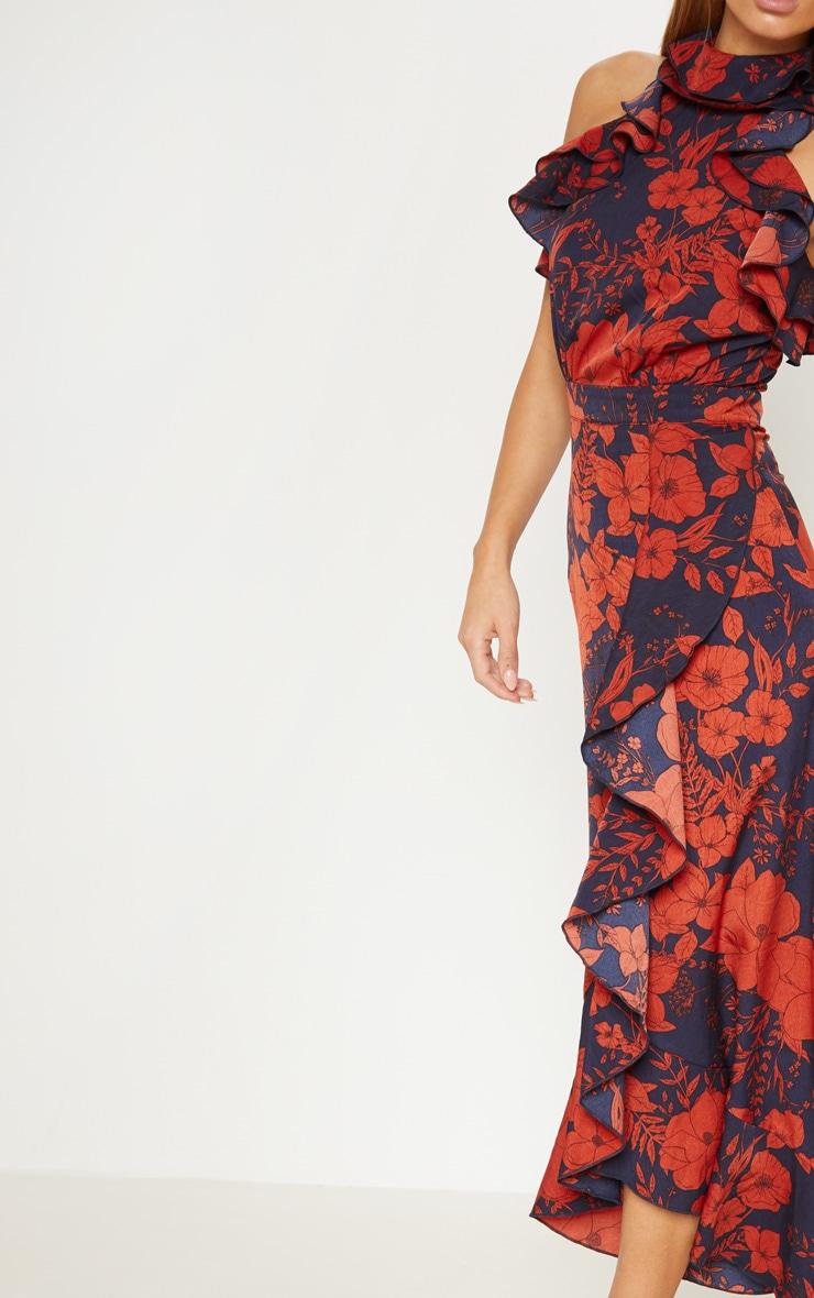 Navy Floral Print Frill Detail Wrap Maxi Dress Product Image