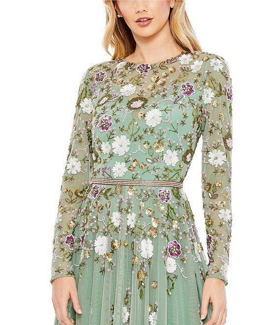 Mac Duggal Sequin Floral Crew Neck Long Sleeve Midi Dress Product Image